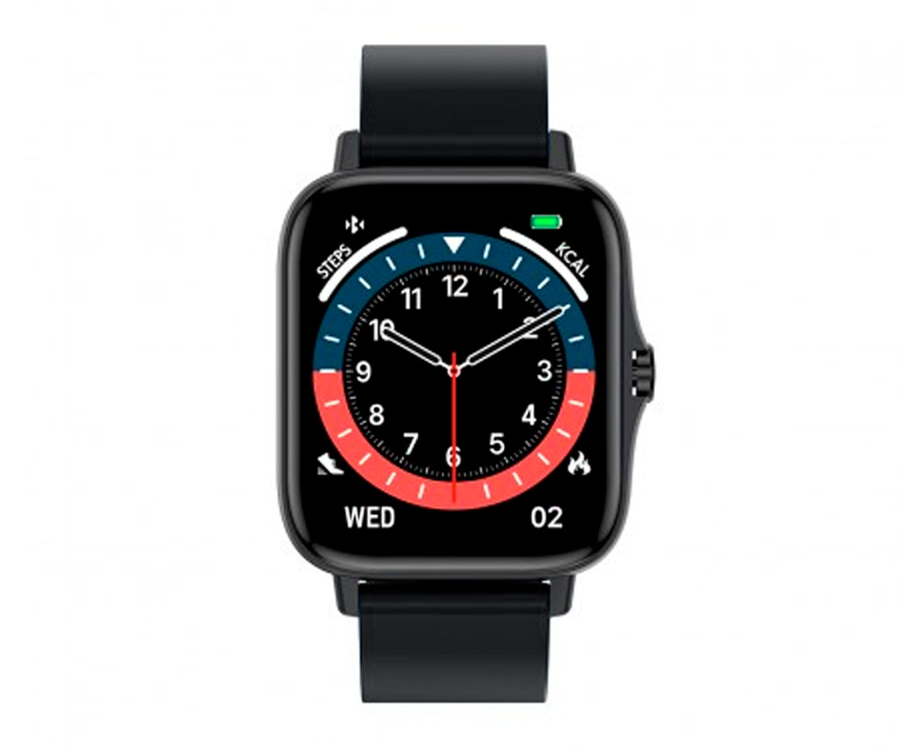 Schwarze Smartwatch mit quadratischem Zifferblatt, das Zeit- und Aktivitätsmetriken auf weißem Hintergrund anzeigt.
