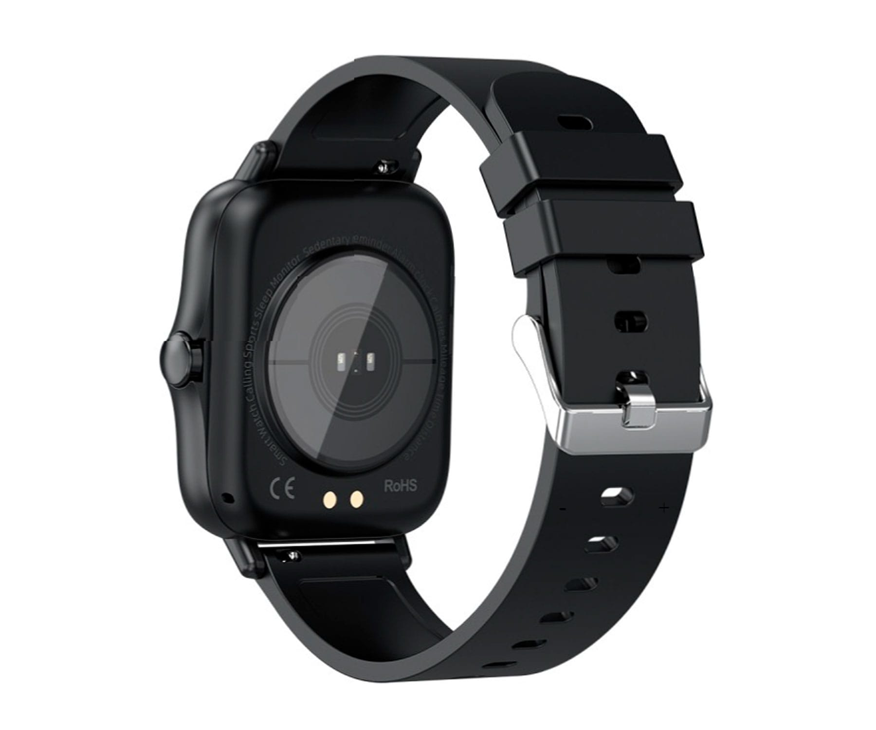 Schwarze Smartwatch. Rückseite zeigt Herzfrequenzsensor und Bandbefestigung. Silberner Verschluss.