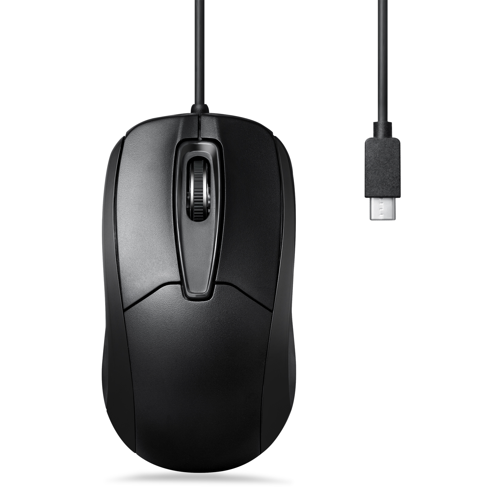 Eine schwarze kabelgebundene Computermaus mit Mausrad und USB-Anschluss vor weißem Hintergrund.