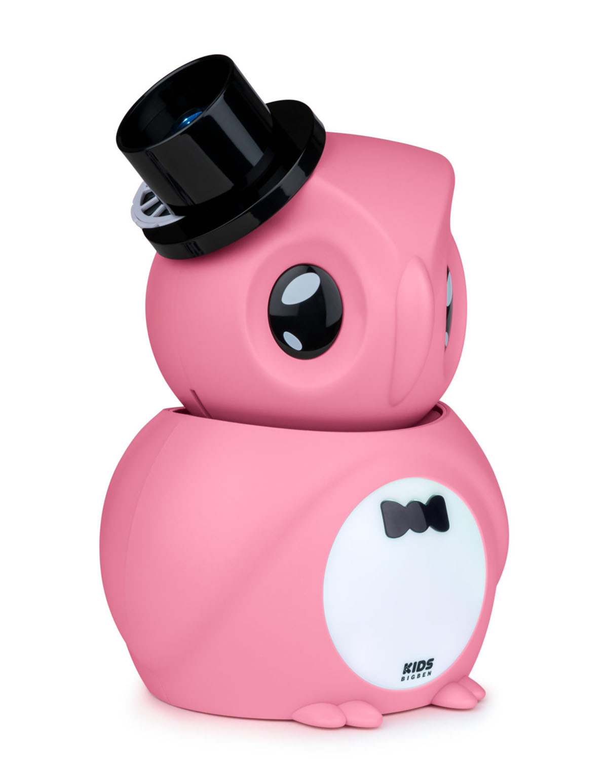 Lámpara rosa con forma de búho y sombrero de copa. Tiene una pajarita y la palabra 'KIDS'.