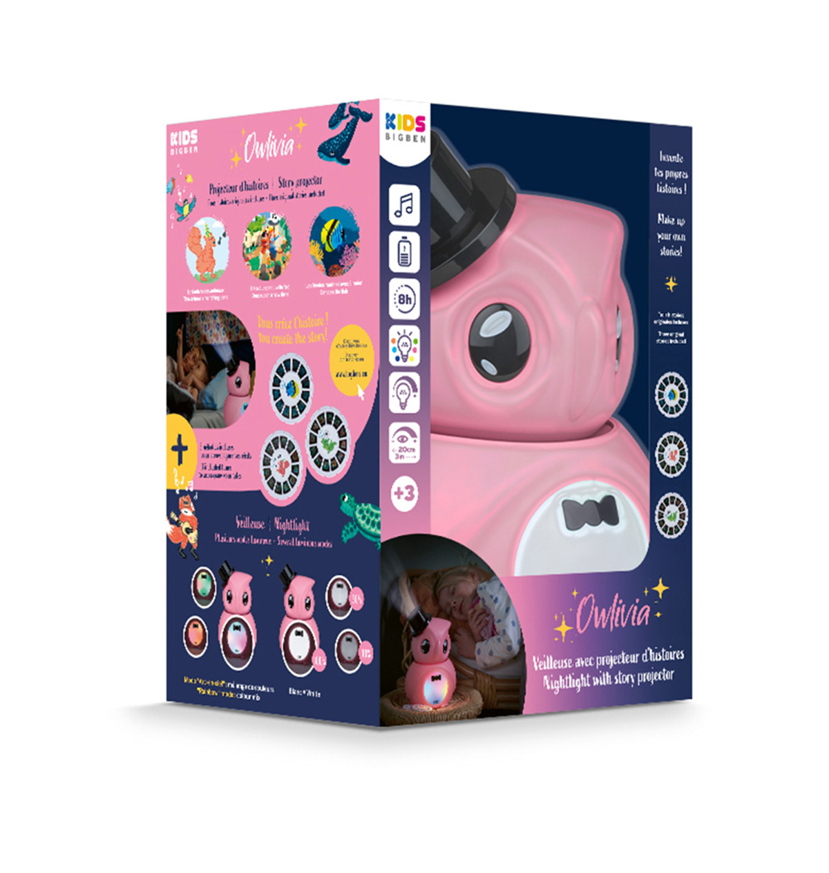 Un proyector de luz nocturna con forma de búho rosa con un sombrero de copa negro en una caja, con carretes de cuentos.