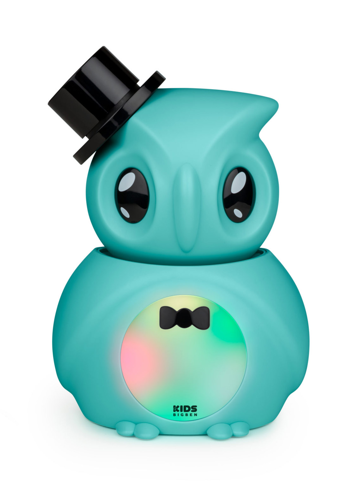 Luz nocturna con forma de búho con sombrero y pajarita, con luces de colores.