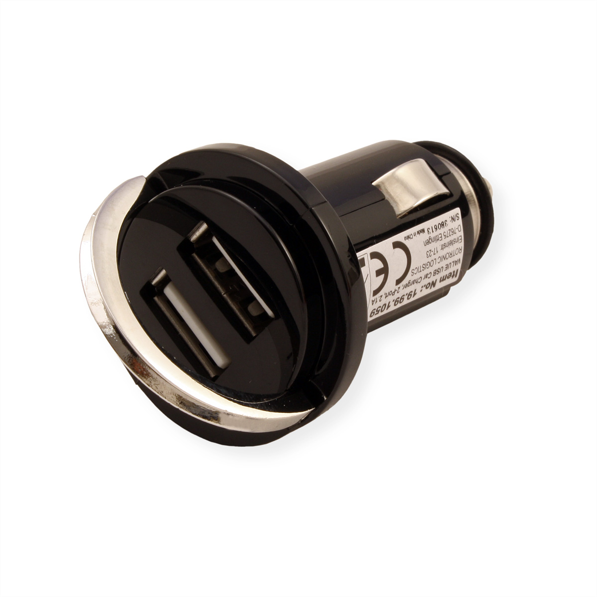 Schwarzer Autoladeadapter mit zwei USB-Anschlüssen, silbernen Akzenten und Produktinformationen.