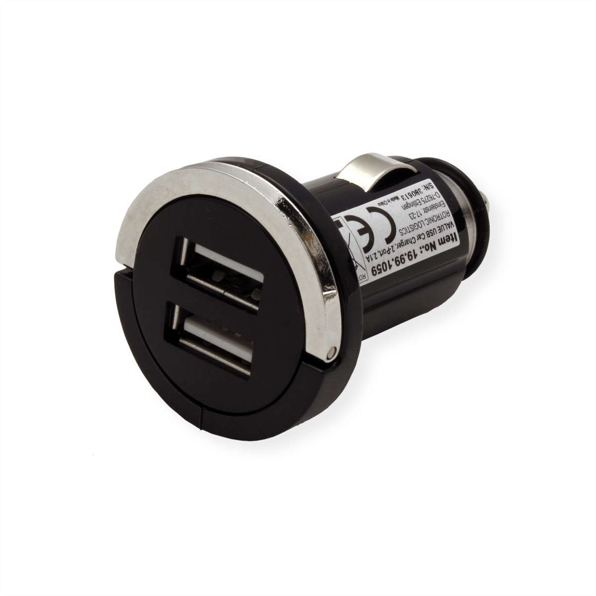 Schwarzer Autoladeadapter mit zwei USB-Anschlüssen, silbernen Akzenten und Produktinformationen.