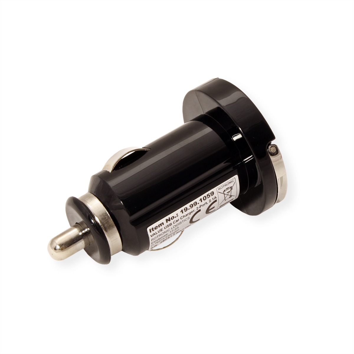 Schwarzer Autoladeadapter mit silberner Spitze und Produktetikett.