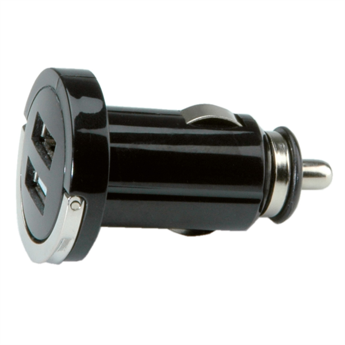 Schwarzer Autoladeadapter mit silbernem Ring und einem sichtbaren USB-Anschluss.