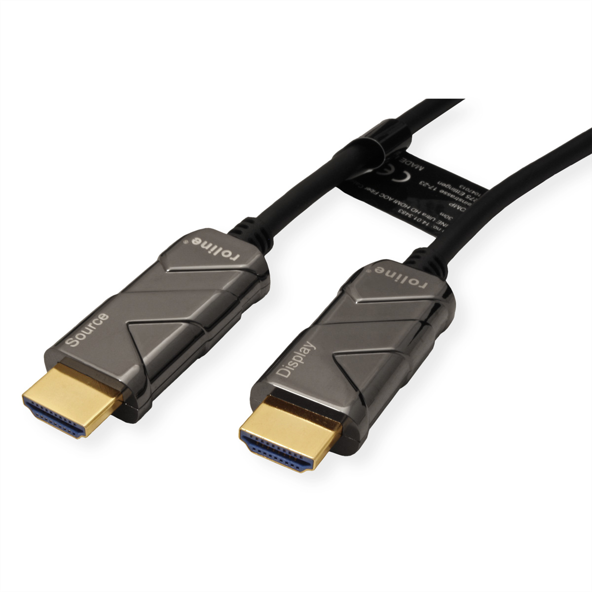 HDMI-Kabel mit Anschlüssen, beschriftet mit 'Source' und 'Display'.