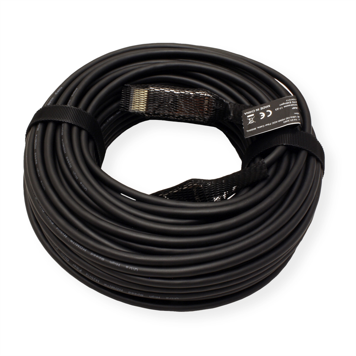 Ein aufgerolltes schwarzes HDMI-Kabel mit schwarzem Verschluss.