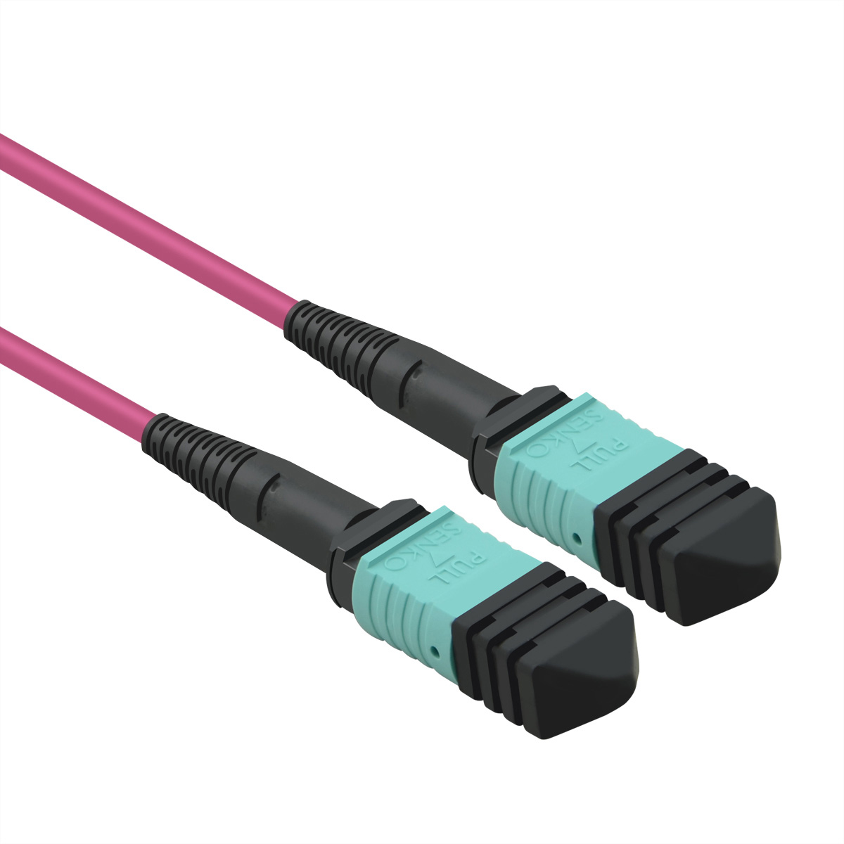 Deux câbles à fibre optique roses avec connecteurs noirs, sur fond blanc.