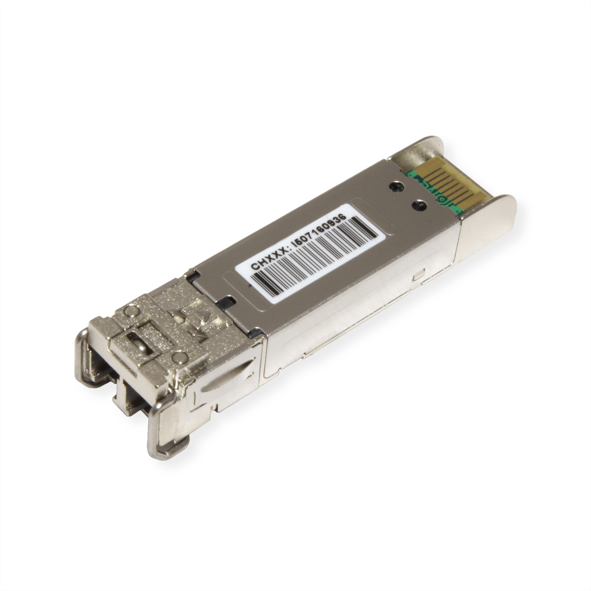 Een kleine zilveren SFP-module met een label. Het is een netwerkapparaatconnector.