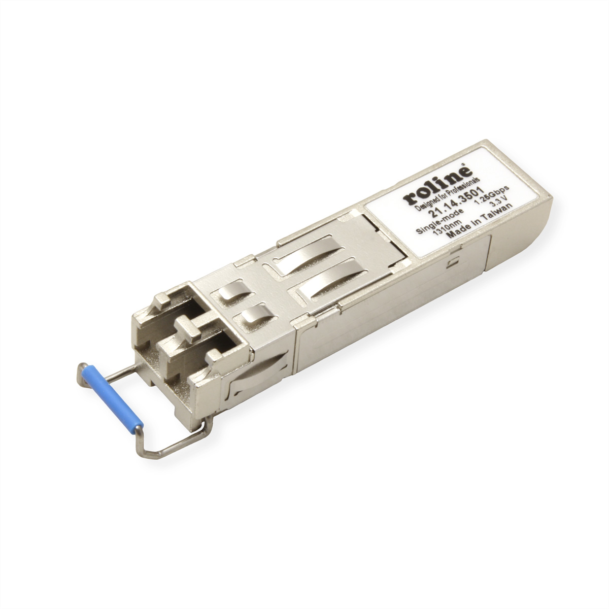 Zilveren SFP-module met een blauwe lip, wit label en de tekst 'roline'.