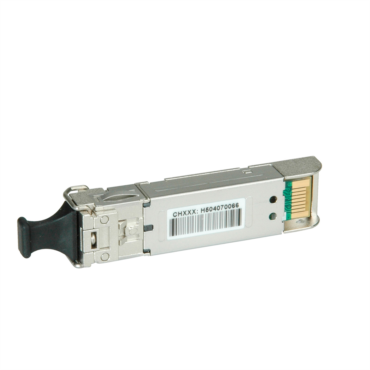 Een zilverkleurige SFP-transceiver met een zwart lipje.