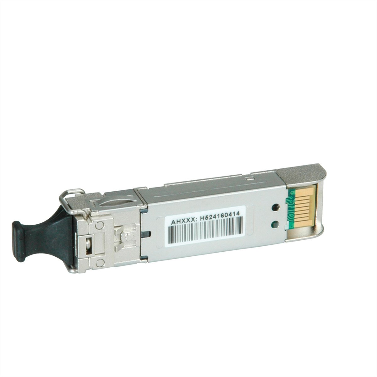 Zilveren en zwarte SFP-transceivermodule met een label.
