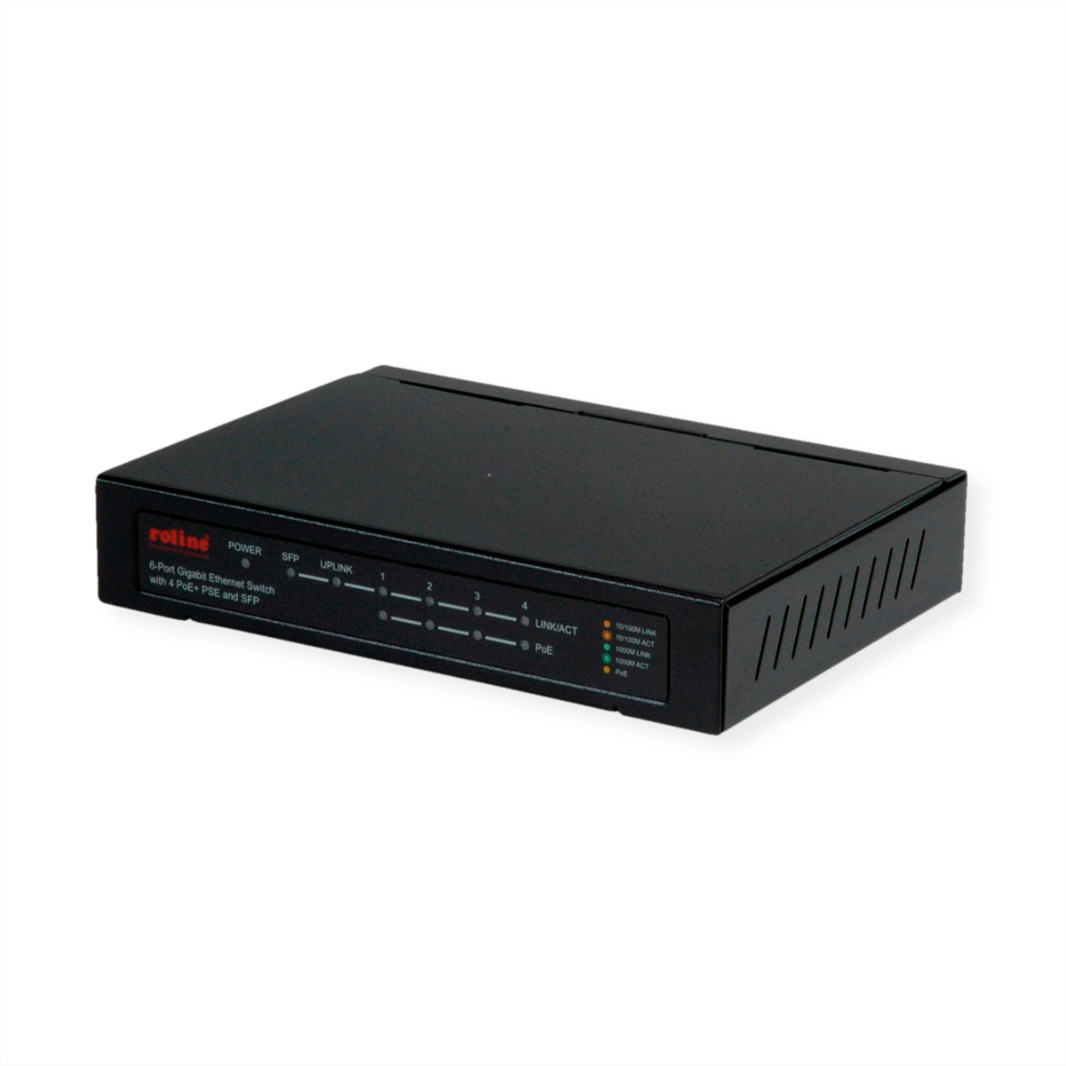 Schwarzer Netzwerk-Switch mit Anschlüssen und Indikatoren. Aufschrift: roline 6-Port Gigabit Ethernet Switch.