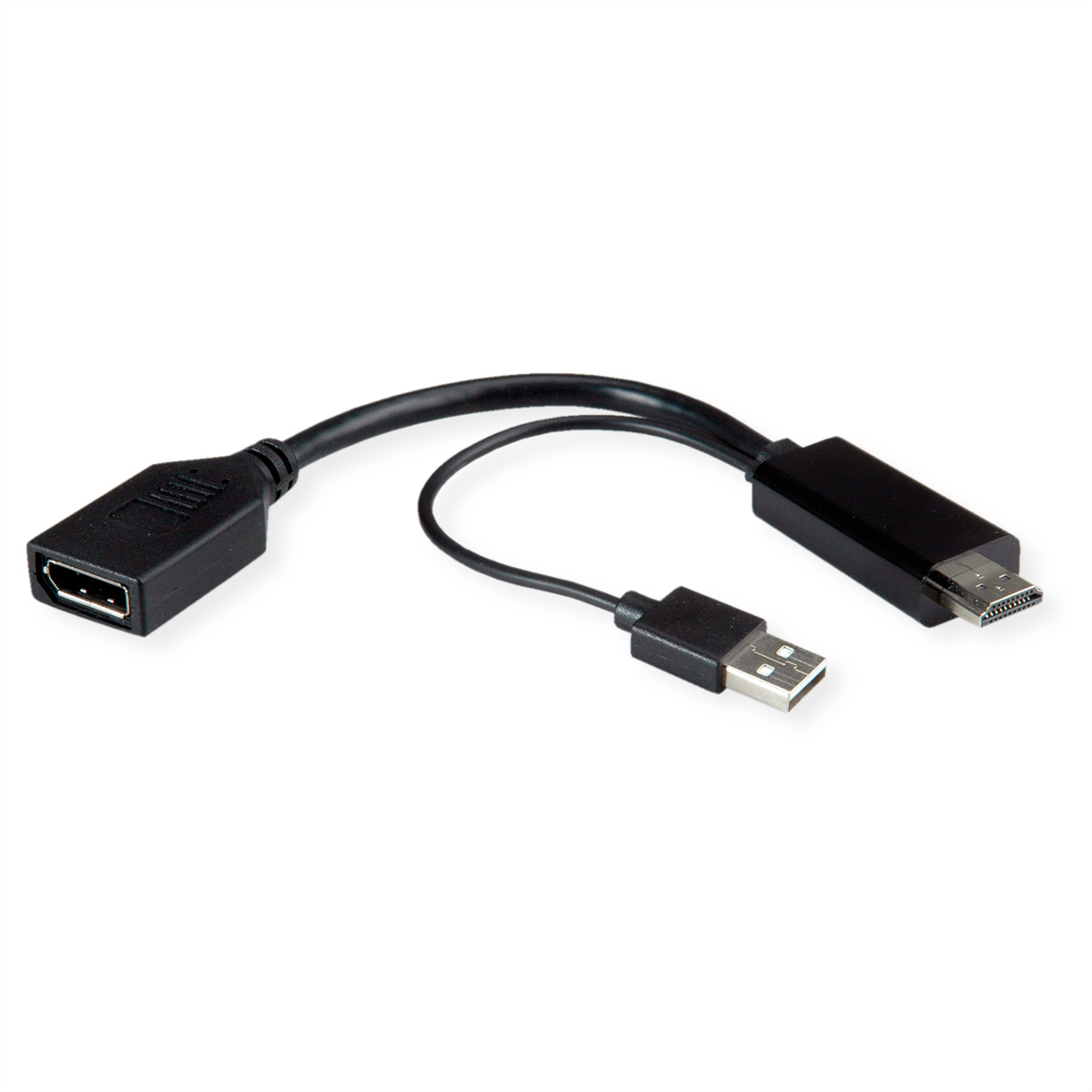 Cavo nero con connettori HDMI, USB e Micro USB su una superficie bianca.