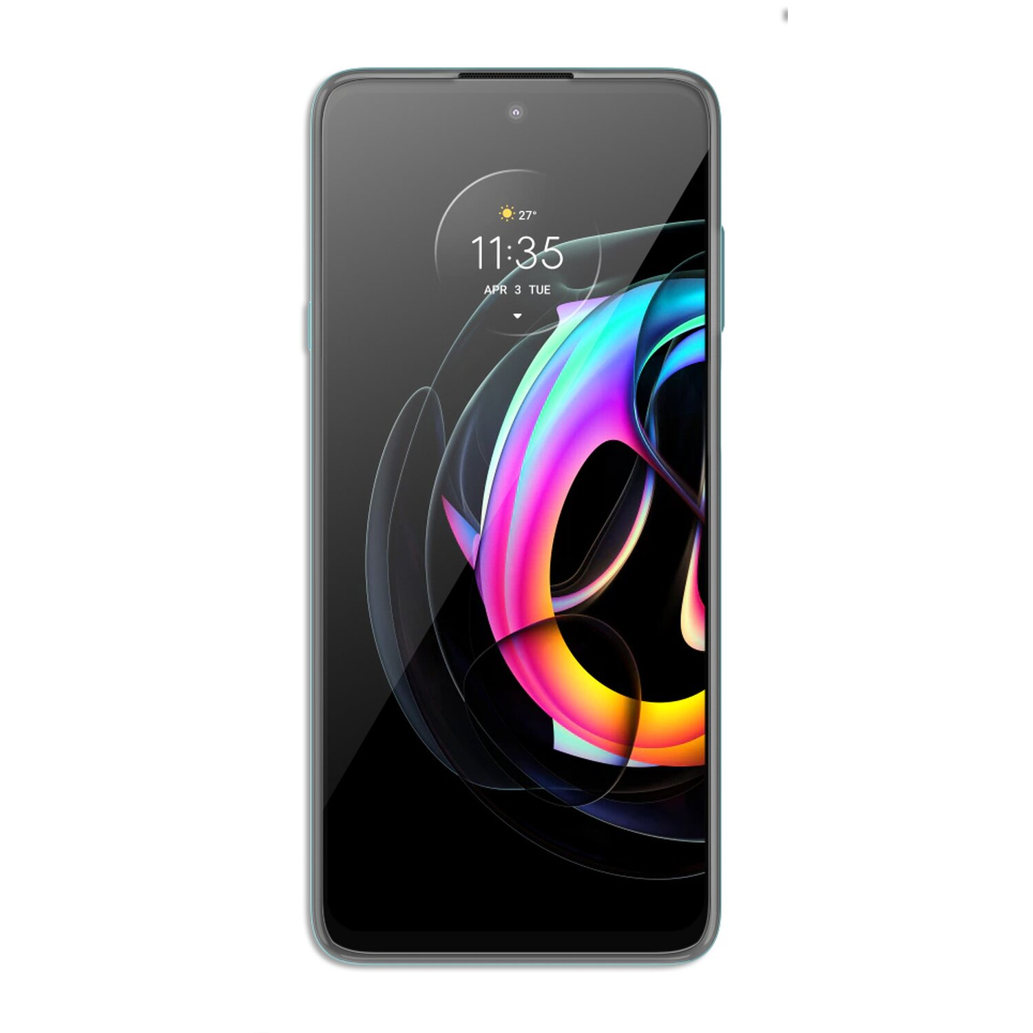 Ein Smartphone mit einem bunten, abstrakten Hintergrundbild, das die Uhrzeit anzeigt.