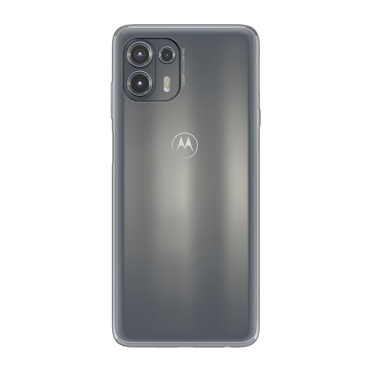 Smartphone-Rückseite. Graue Farbe, mit drei Kameras und dem Motorola-Logo. Weißer Hintergrund.