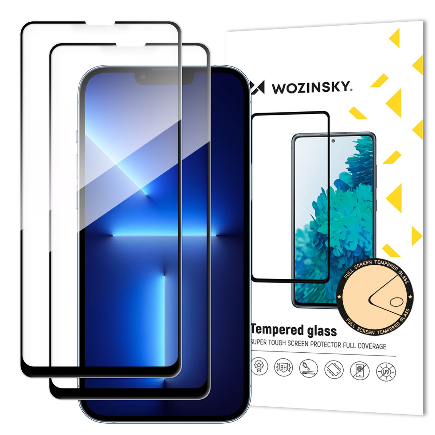 Telefon mit Glas-Displayschutzfolien, Telefon sichtbar. Die Verpackung ist ebenfalls abgebildet.