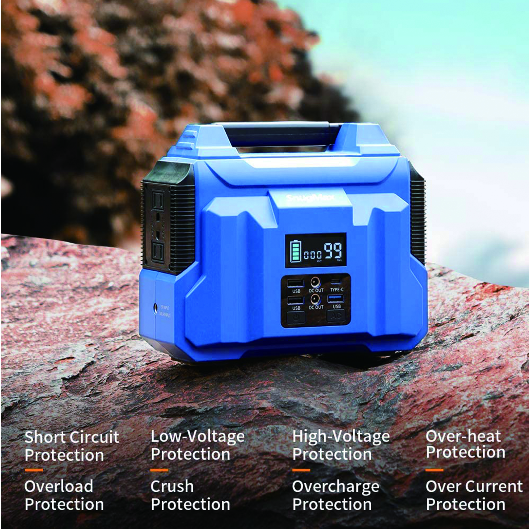 Blaue tragbare Powerstation. Verfügt über USB-, DC- und AC-Ausgänge. Zeigt den Leistungspegel und verschiedene Schutzfunktionen an.