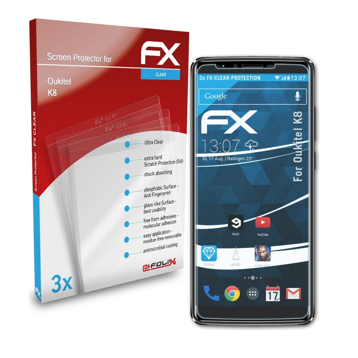 3x Displayschutz(für ATFOLIX K8) Oukitel FX-Clear