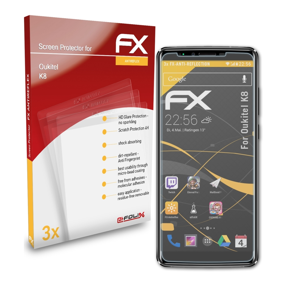 Displayschutz(für Oukitel ATFOLIX K8) 3x FX-Antireflex