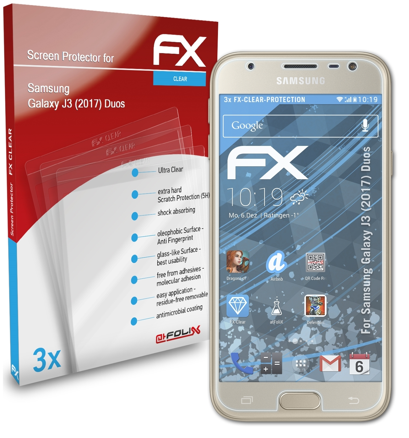 ATFOLIX 3x FX-Clear Displayschutz(für Samsung Duos) (2017) Galaxy J3