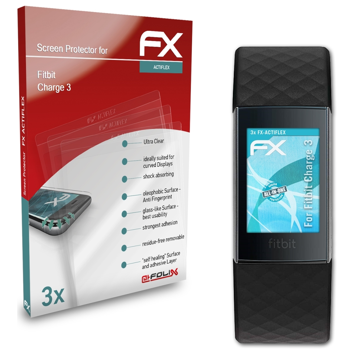 ATFOLIX 3x FX-ActiFleX Displayschutz(für Fitbit 3) Charge