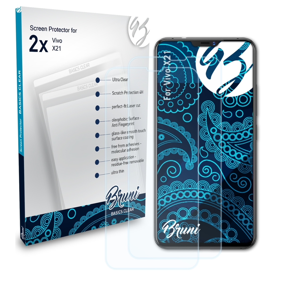 Basics-Clear BRUNI Vivo X21) 2x Schutzfolie(für