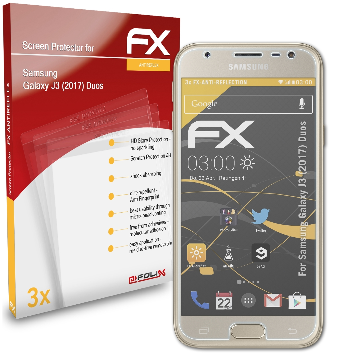 ATFOLIX 3x Samsung (2017) Duos) J3 Galaxy FX-Antireflex Displayschutz(für