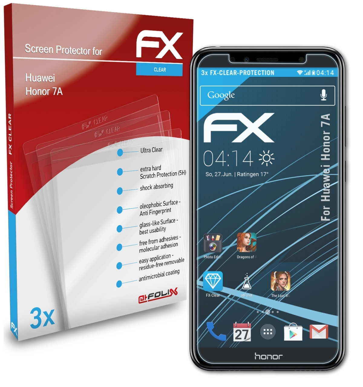 ATFOLIX 3x FX-Clear 7A) Honor Displayschutz(für Huawei