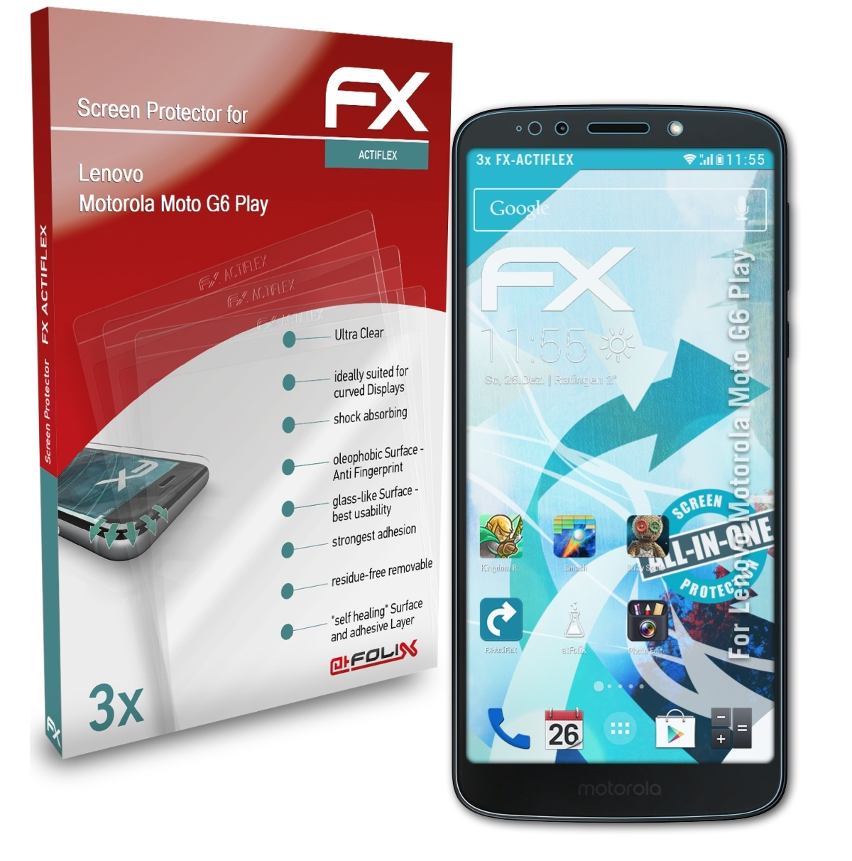 ATFOLIX Lenovo Play) Motorola G6 FX-ActiFleX Displayschutz(für 3x Moto