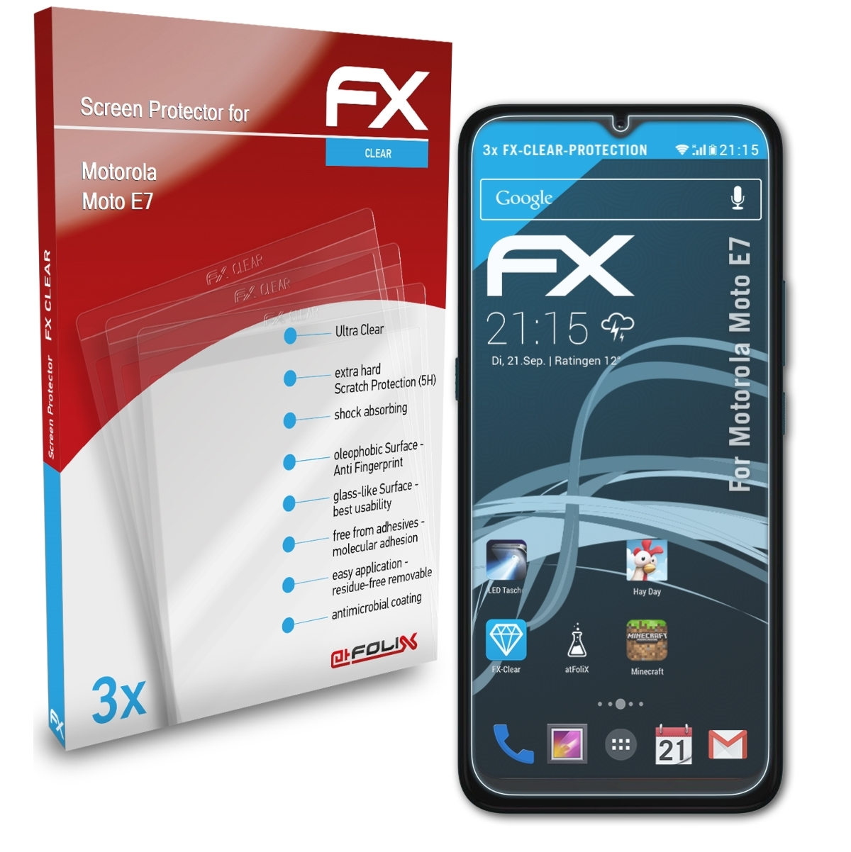 ATFOLIX E7) Moto FX-Clear Motorola 3x Displayschutz(für