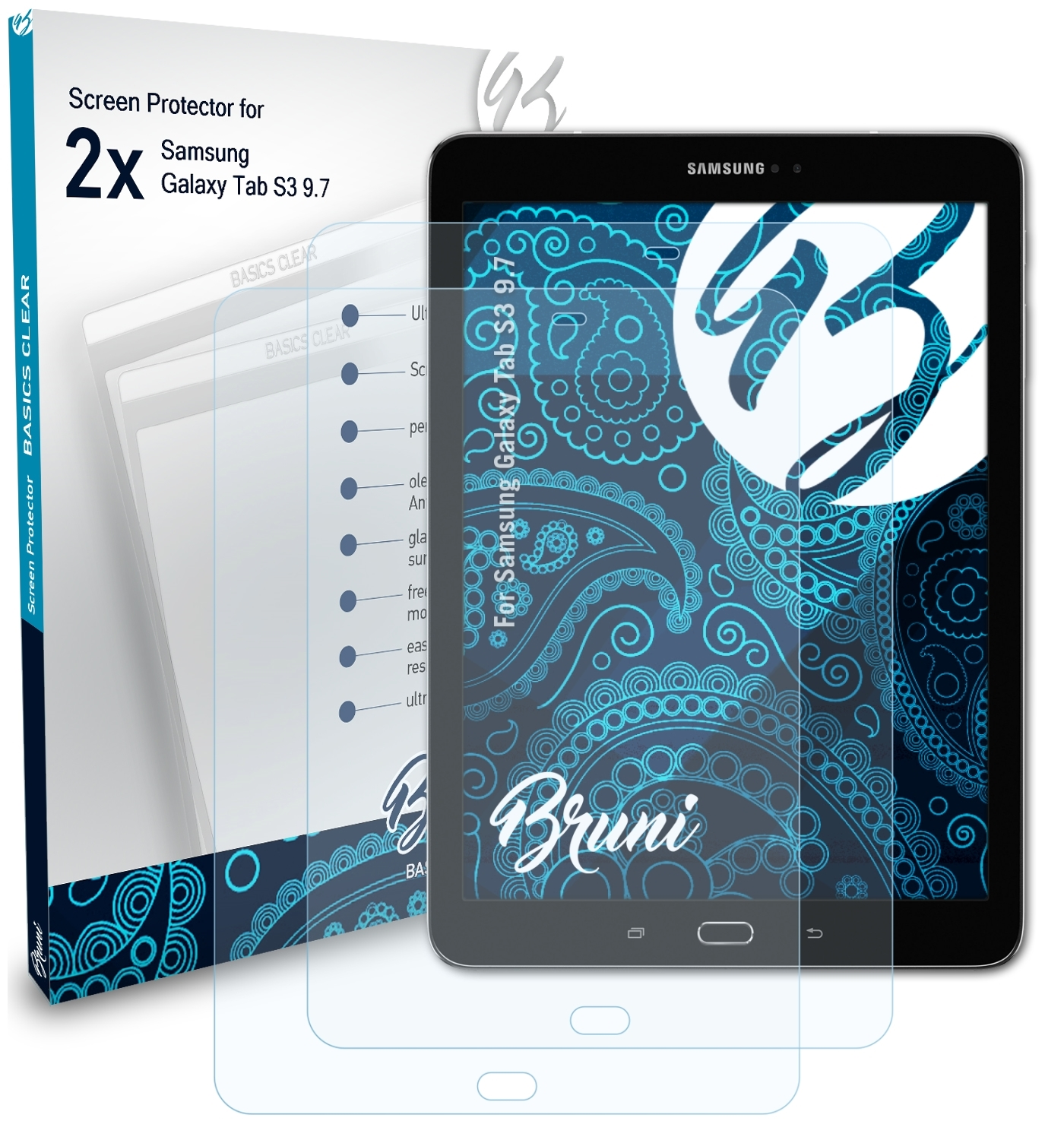 BRUNI Basics-Clear 2x 9.7) Tab Schutzfolie(für S3 Samsung Galaxy