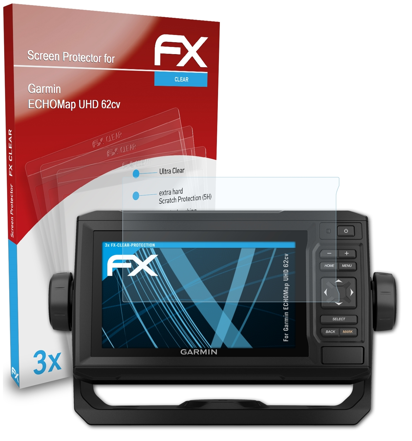 ATFOLIX 3x FX-Clear Displayschutz(für ECHOMap 62cv) UHD Garmin