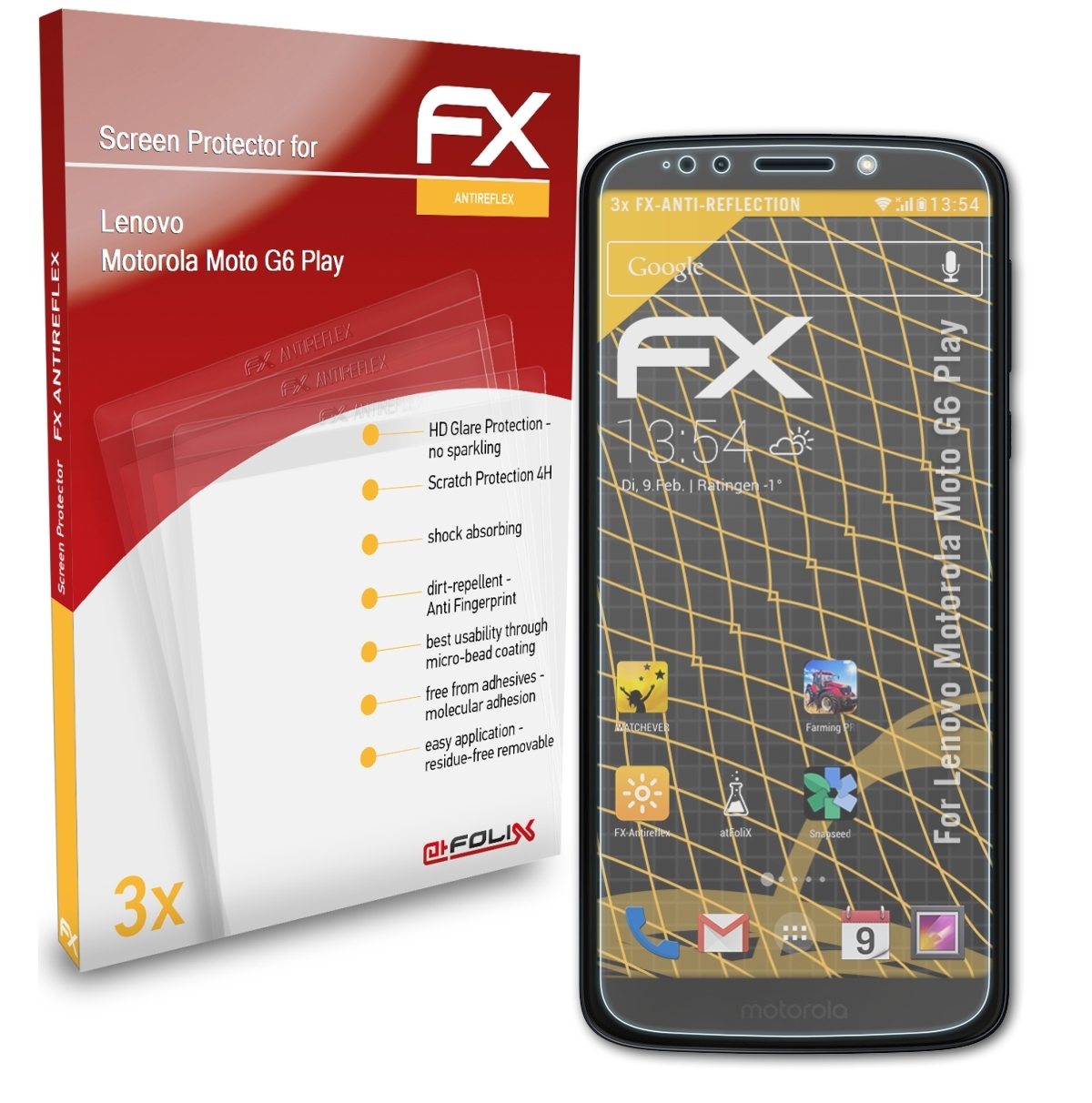 Displayschutz(für ATFOLIX Moto Play) Lenovo 3x Motorola FX-Antireflex G6