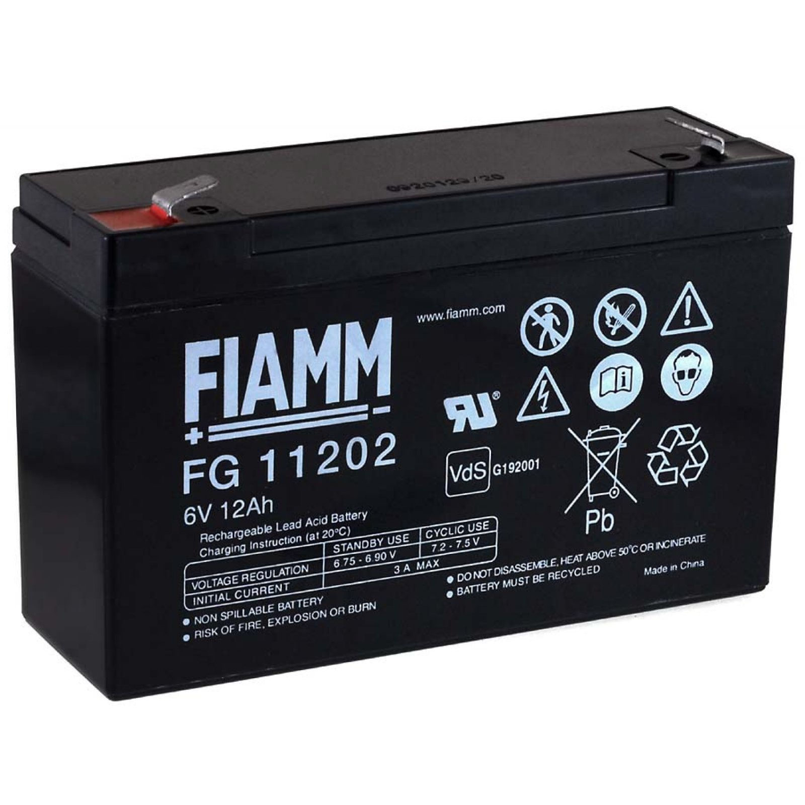 Batería rectangular negra. La batería tiene texto blanco y símbolos de seguridad. Dice 'FIAMM' en el frente.