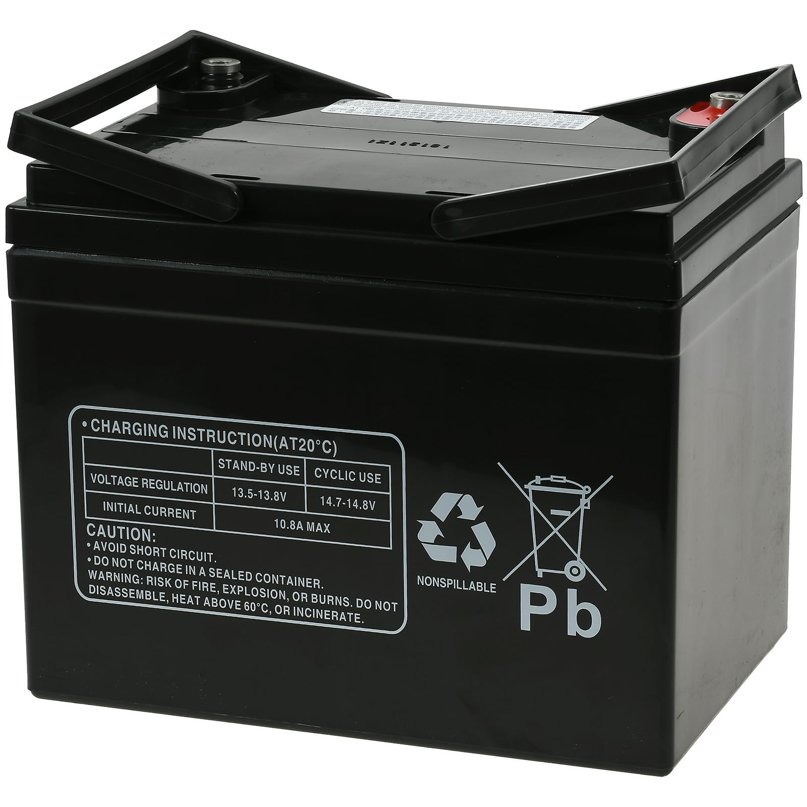 Batería negra con asa en la parte superior. Texto: Instrucciones de carga, regulación de voltaje, corriente inicial, precaución y Pb.