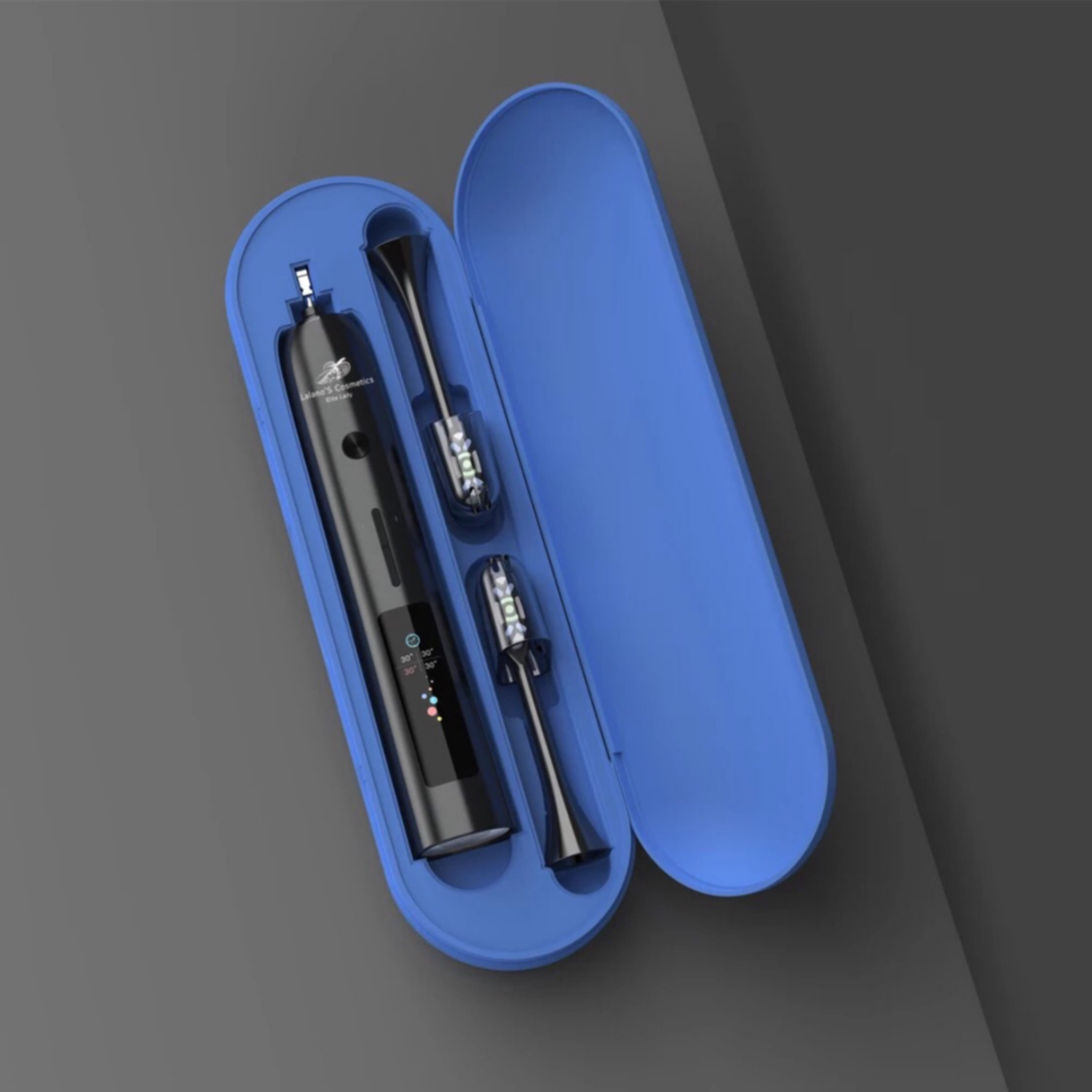 Zestaw szczoteczki elektrycznej w niebieskim etui; zawiera rączkę, dwie głowice.