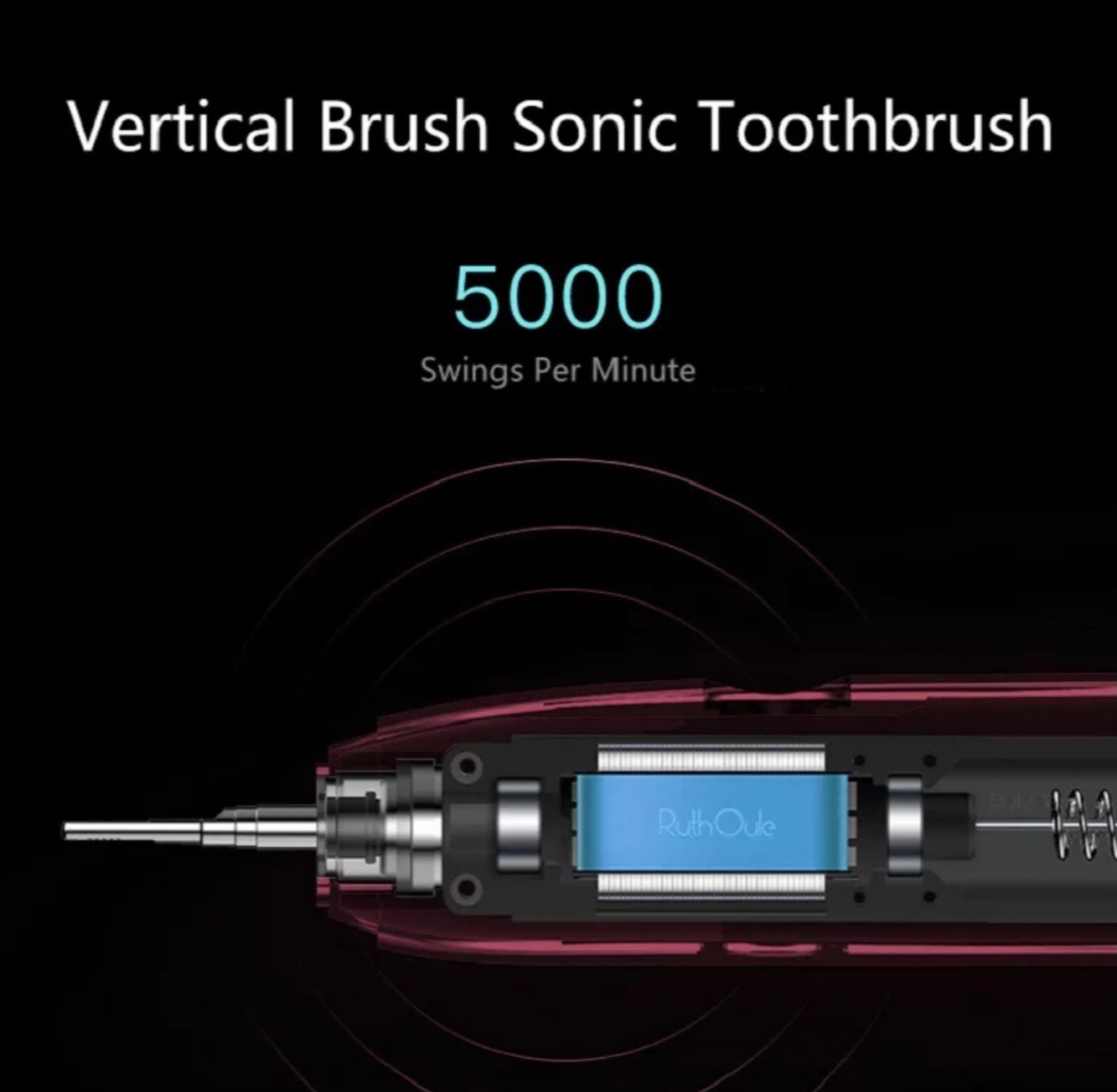 Widok przekrojowy czerwono-czarnej szczoteczki sonicznej, ukazujący elementy wewnętrzne.