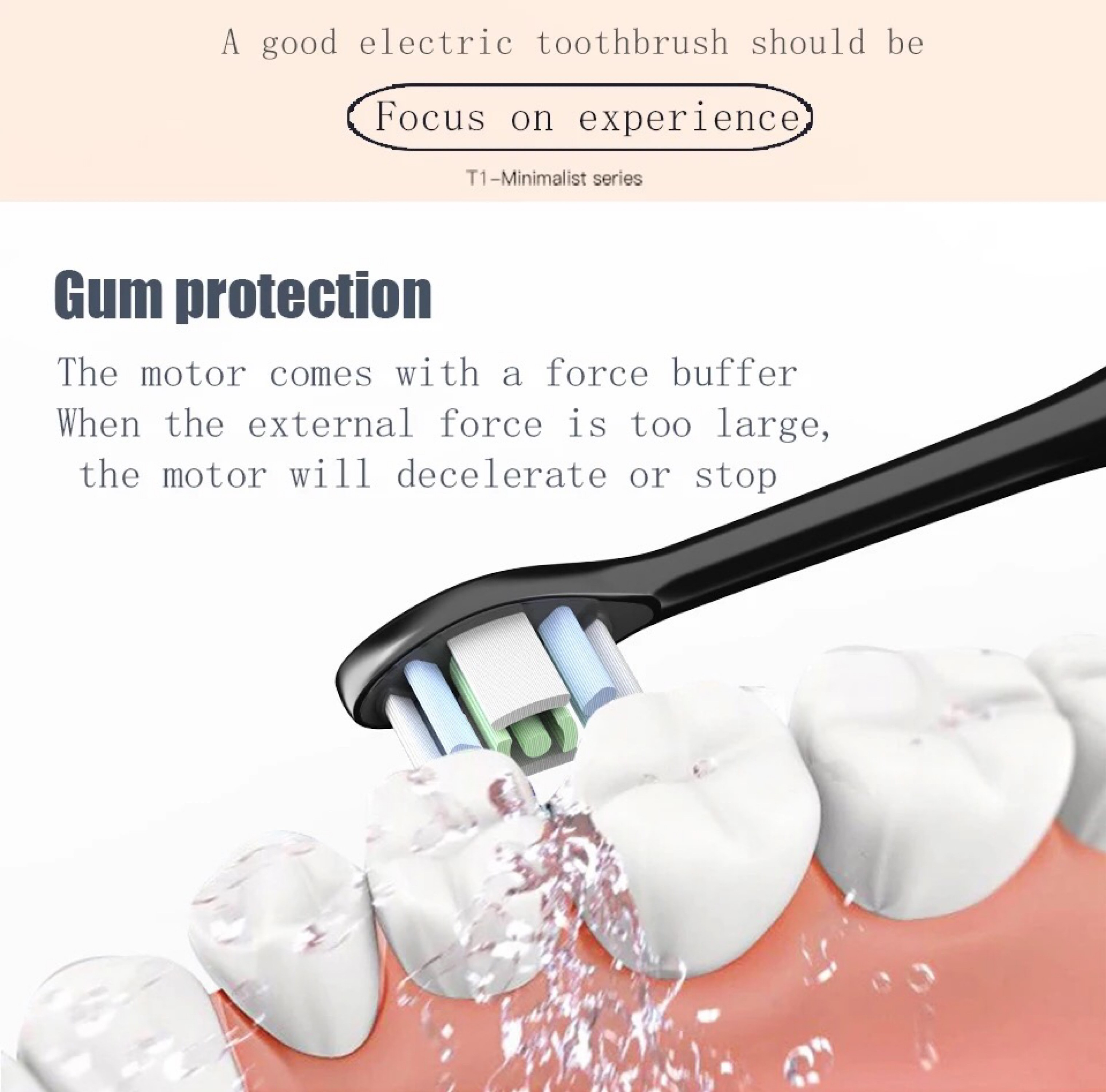 Główka szczoteczki elektrycznej czyszcząca zęby, otoczona strumieniem wody. Skup się na doświadczeniu.
