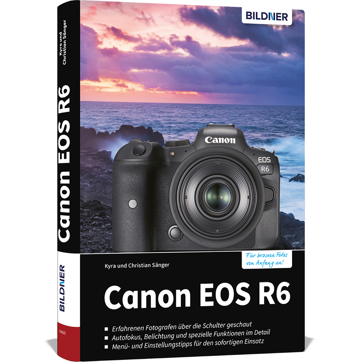 Buchcover für Canon EOS R6 Kamera. Das Cover zeigt ein Foto der Kamera und Sonnenuntergang.