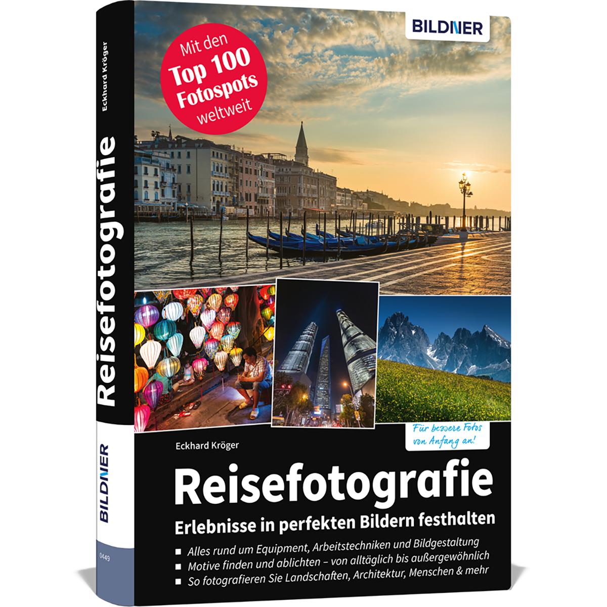 Ein Buch mit dem Titel 'Reisefotografie' mit Bildern von Reisezielen auf dem Cover.