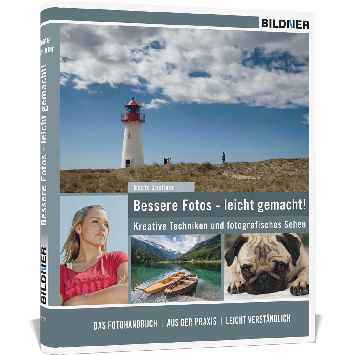 Buchcover mit Leuchtturm, Frau, Seeszene und Mops. Weißer Hintergrund.