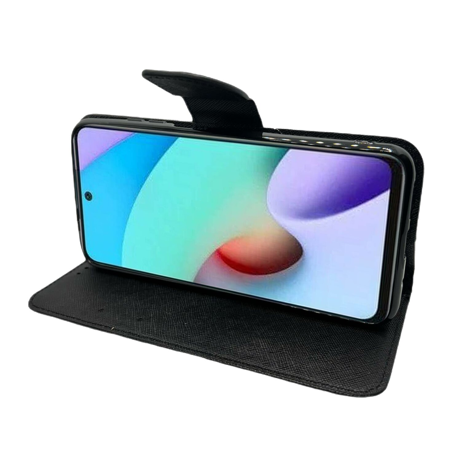 Smartphone in schwarzem Gehäuse mit farbenfrohem Bildschirm auf weißem Hintergrund.