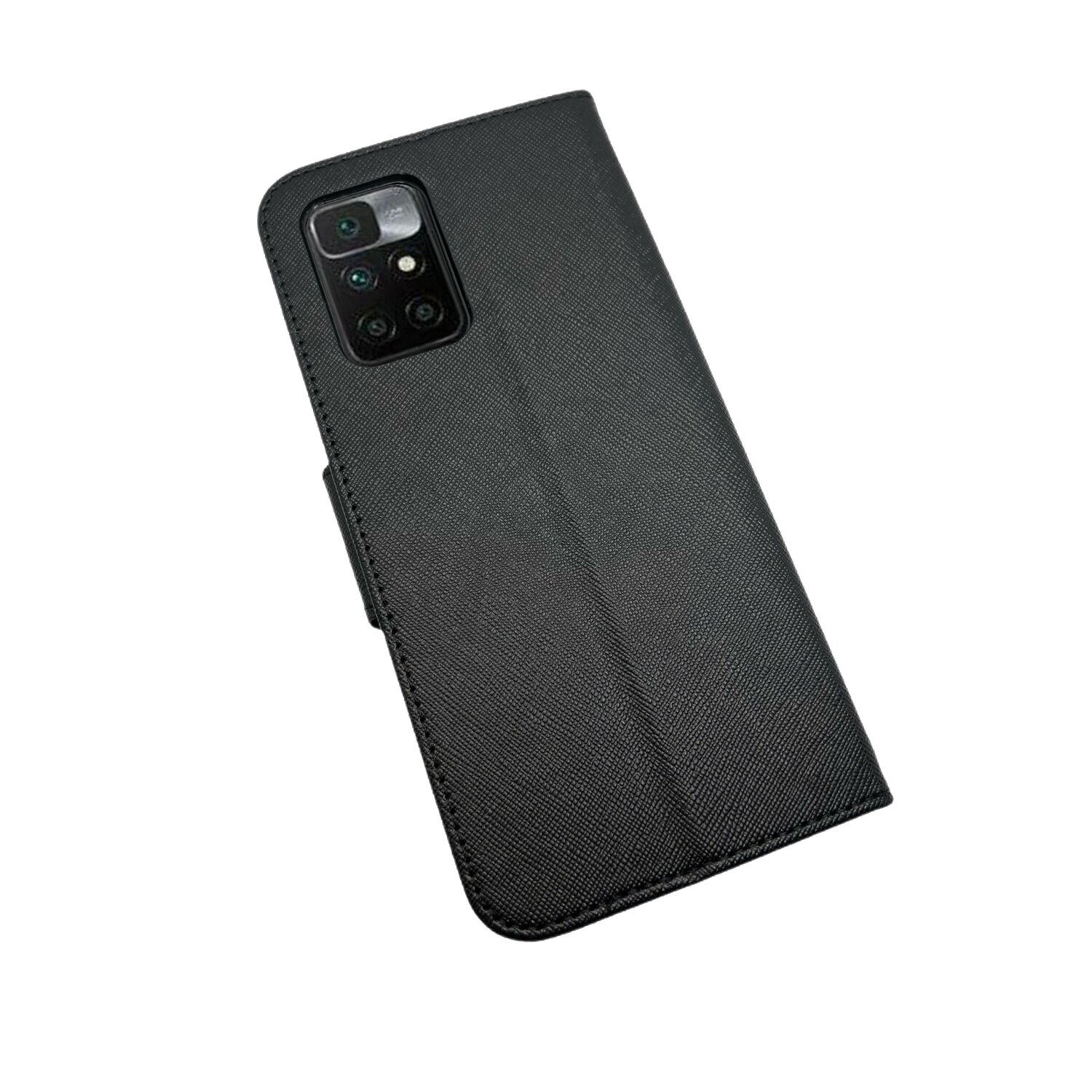 Schwarze Handyhülle mit sichtbarer Handykamera, diagonal auf weiß.