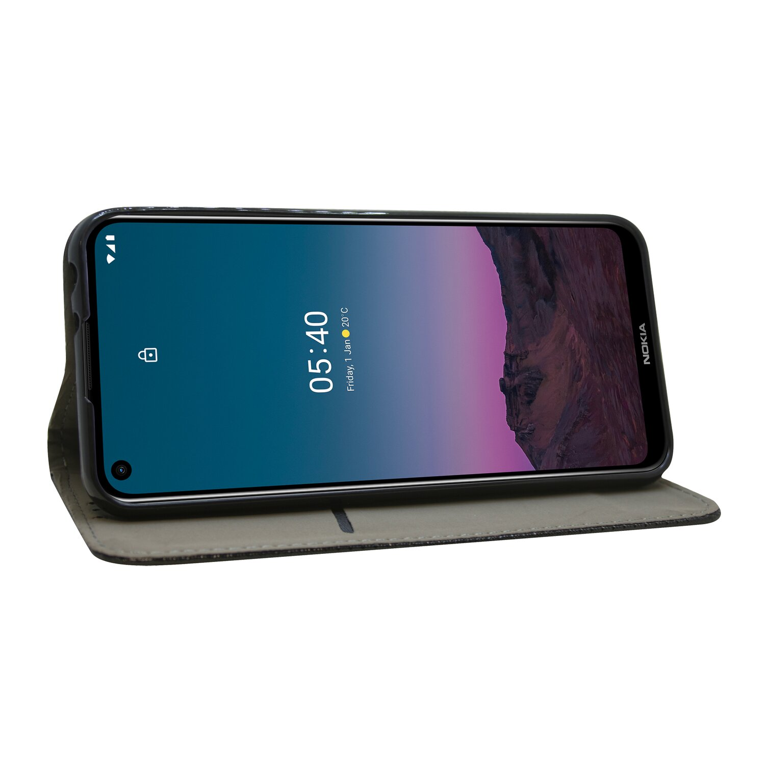 Ein schwarzes Nokia-Telefon mit der Anzeige 05:40 in einem grauen Etui ist geöffnet. Der Hintergrund ist weiß.