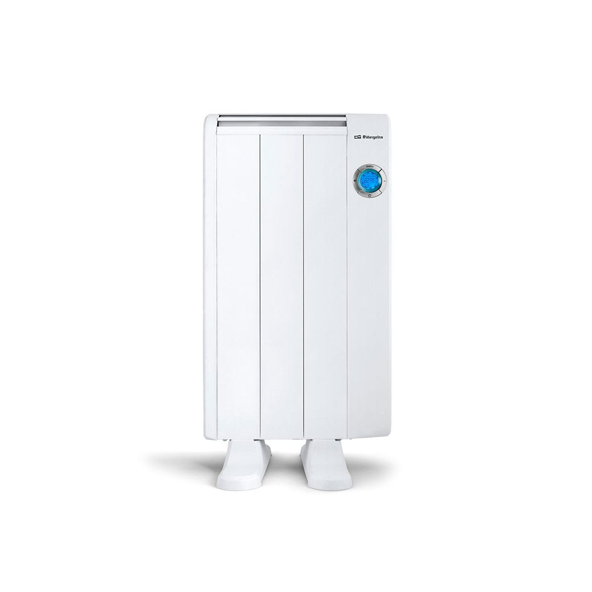 Radiador eléctrico blanco. Diseño vertical con múltiples paneles. Pantalla digital. Pies blancos. Fondo blanco.