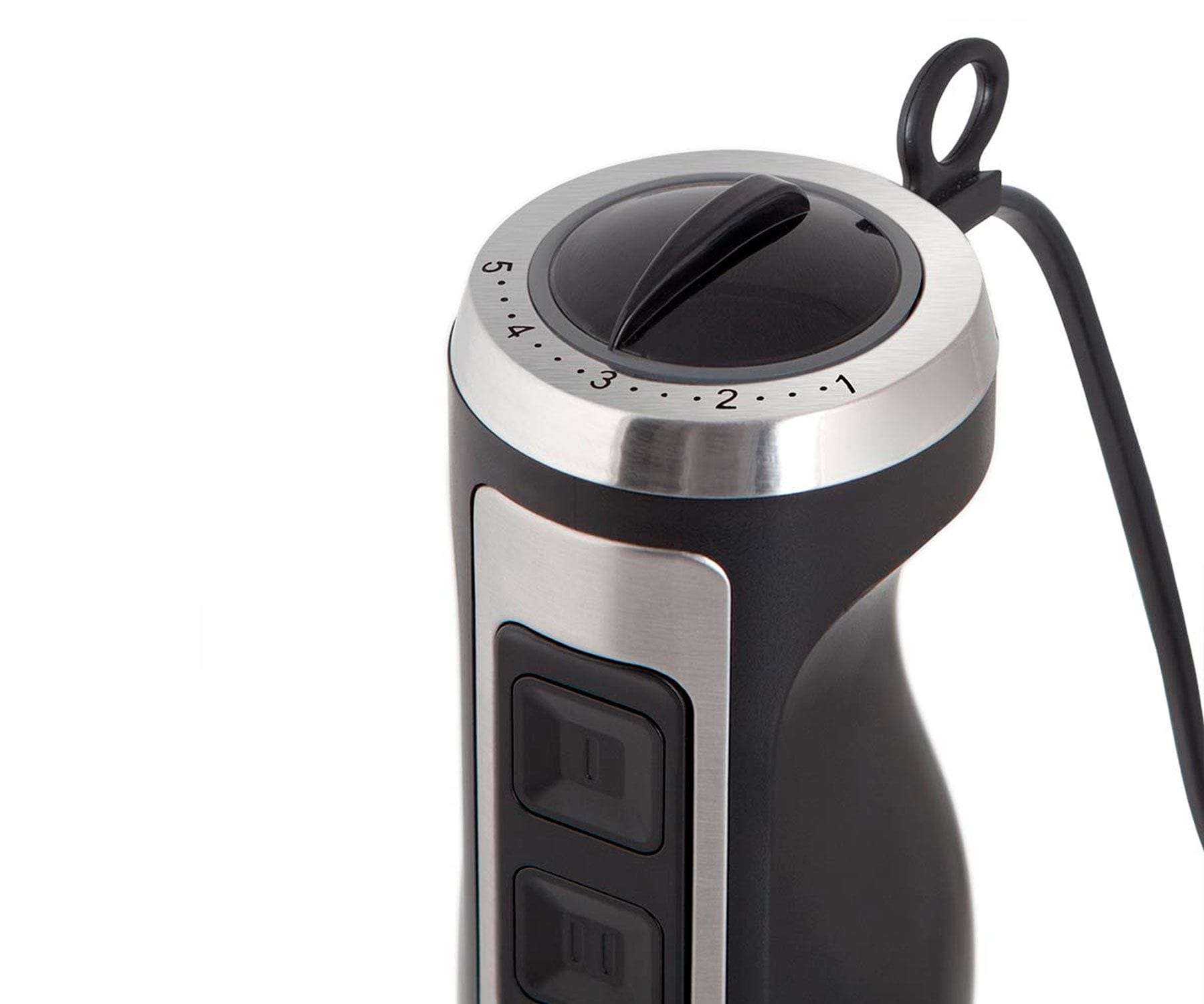 Zbliżenie czarnego i nierdzewnego blendera ręcznego z pokrętłem i przyciskami.