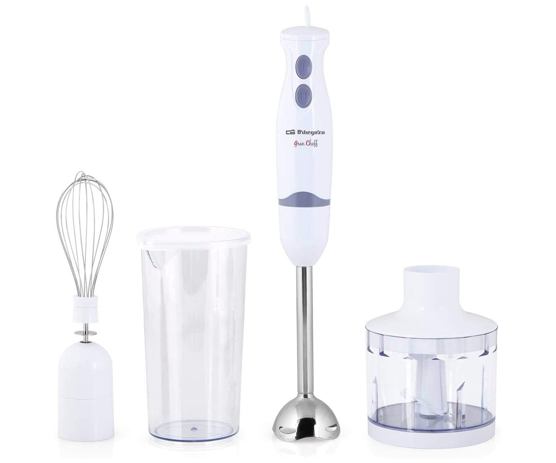 Biały zestaw blendera ręcznego. Zawiera blender, trzepaczkę, miarkę i rozdrabniacz.