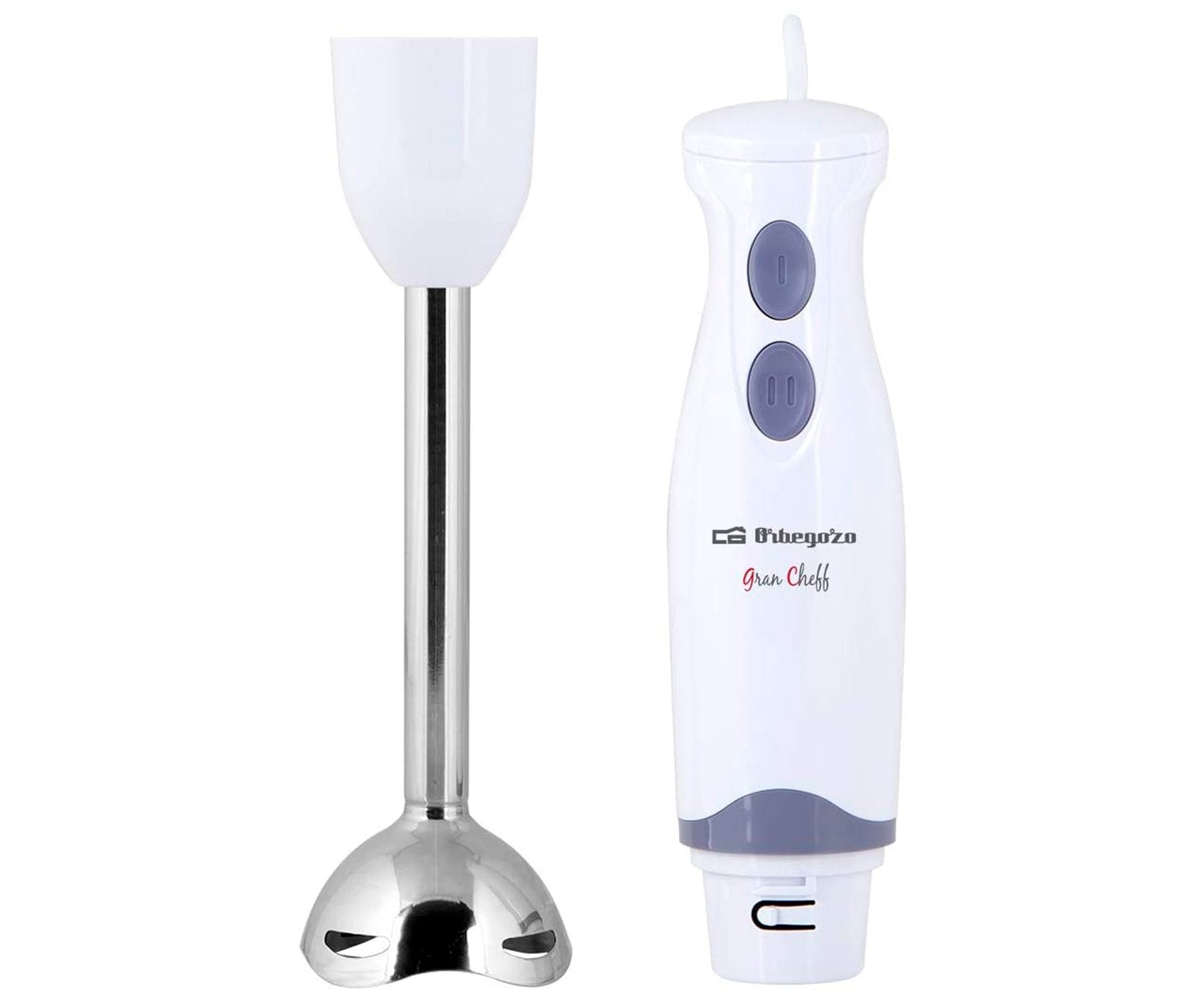 Biały blender ręczny z wałem mieszającym ze stali nierdzewnej i białym uchwytem z przyciskami.